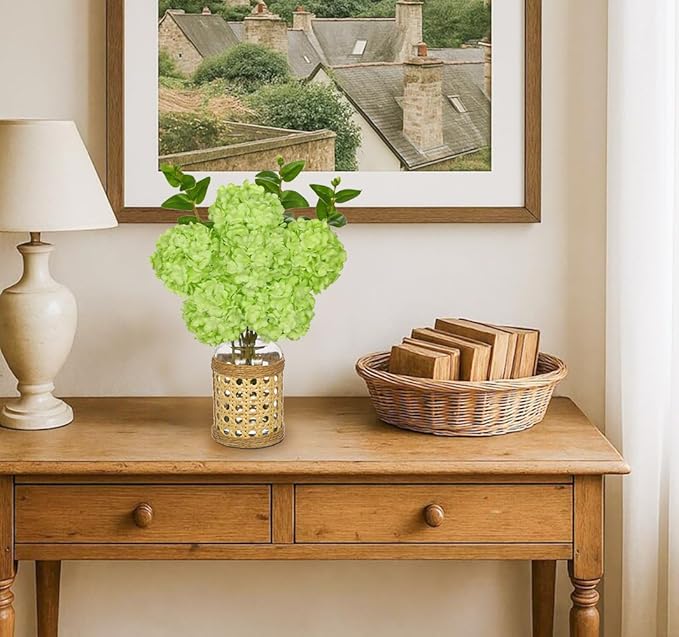 Hollyone Green Hydrangea Artificial Flowers in Woven Glass Vase - Image 2