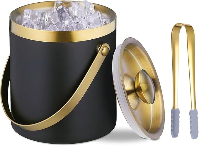 Ice Bucket with Lid, Handle and Tong Black Gold Insulated Stainless Steel by SIPOYEN