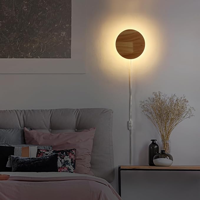 Modern Minimalist Plug in Wall Sconces, Plug-in Or Cordless 7.9'' Round Wood - Image 4