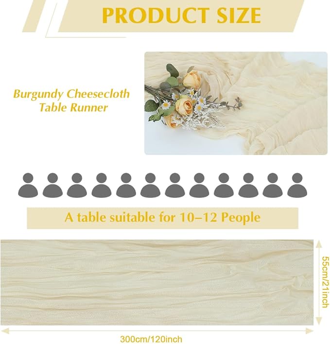 Beige Cheesecloth Table Runner -21*120Inch Long Boho Wedding Table Decor - Image 2