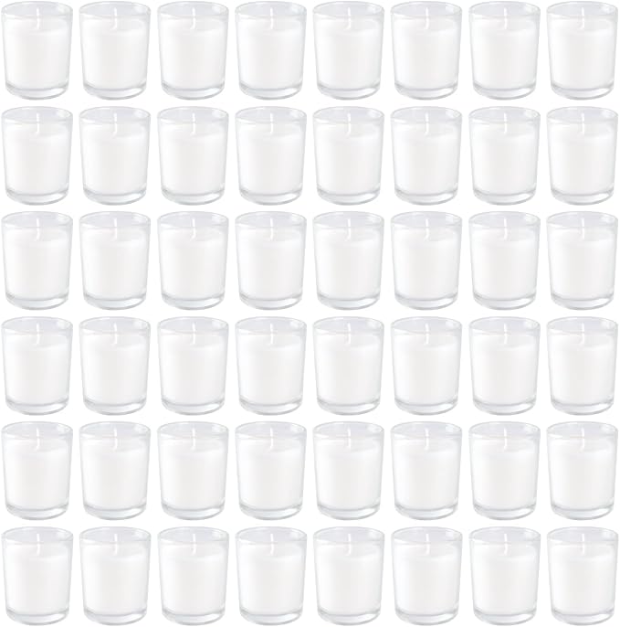 48 Pack White Unscented Clear Glass Filled Votive Candles. Hand Poured Wax - Image 9