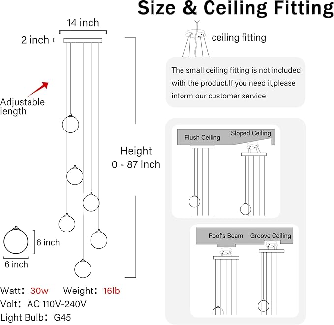 H 87in Globe Pendant Light 6-Lights Modern Hanging Chandelier - Image 3