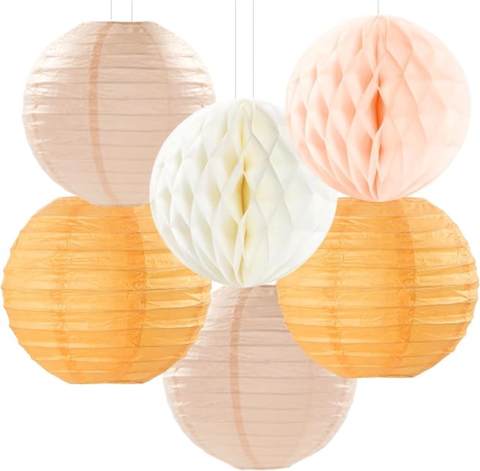 Beige-Orange Peach Fall Party-Decorations Paper-Lanterns- 14pcs Autumn - Image 5