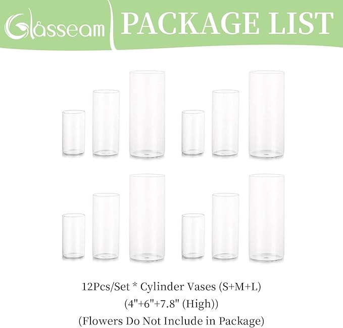 Glasseam Cylinder Vases Set of 12, Hurricane Candle Holder Clear Different Sizes - Image 5