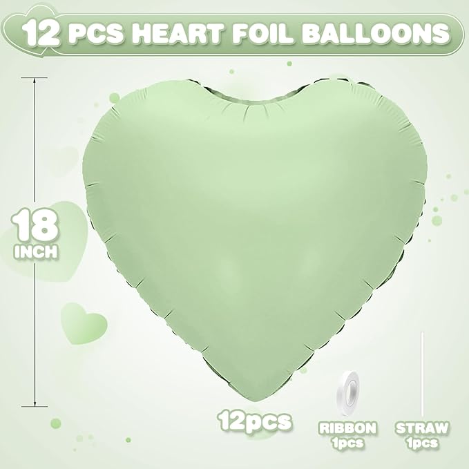Sage Green Heart Balloons, 18Inch Pastel Green Helium Polyester Film Balloon - Image 2