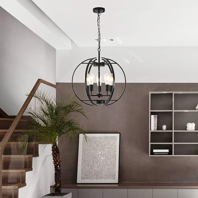 Large Lantern Globe Black Chandelier Lighting, Adjustable Hanging Ceiling - Image 2