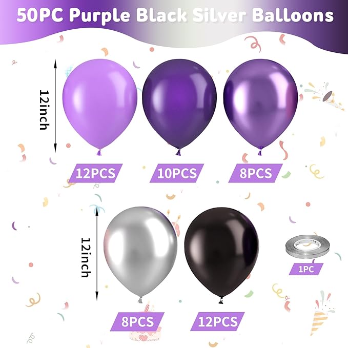 Purple Black Silver Balloons, Metallic Purple Silver Balloon - Image 5