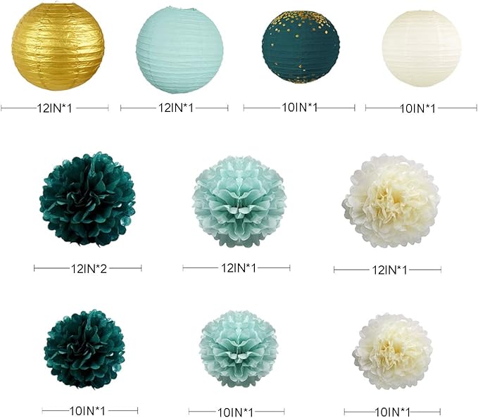 Hunter Green and Gold Hanging Tissue Lantern Flowers Pom Pom - Image 2