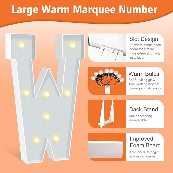 3FT Marquee Letters, Warm Light Marquee Light Up Letters W, Large Light Up - Image 3