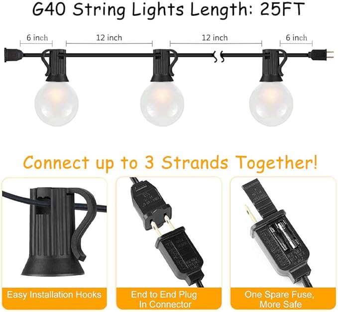 SUNSGNE 25Ft Outdoor Patio String Lights G40 - Image 2