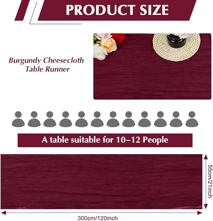 Wine red Cheesecloth Table Runner -21*120Inch Long Boho Wedding Table Decor - Image 2