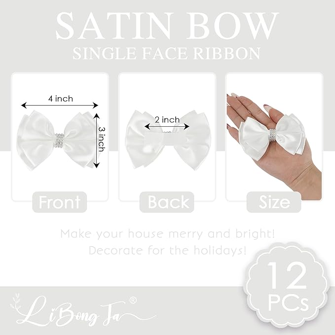 White Satin Bows 4'' Premade White Ribbon Bows, Gift Bows - Image 2