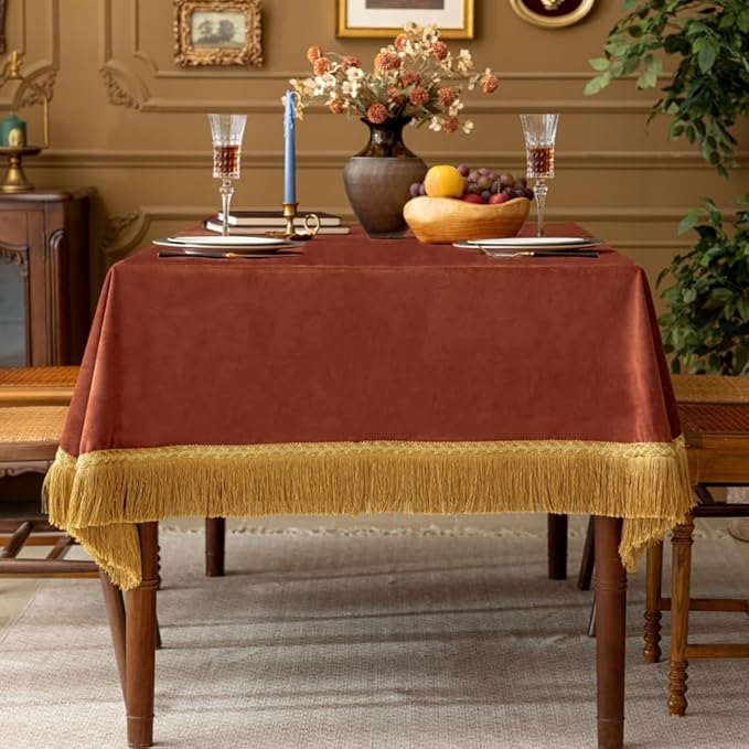 F-CHU Luxury Burnt Orange Tablecloth Thickset Velvet Tablecloth - Image 2