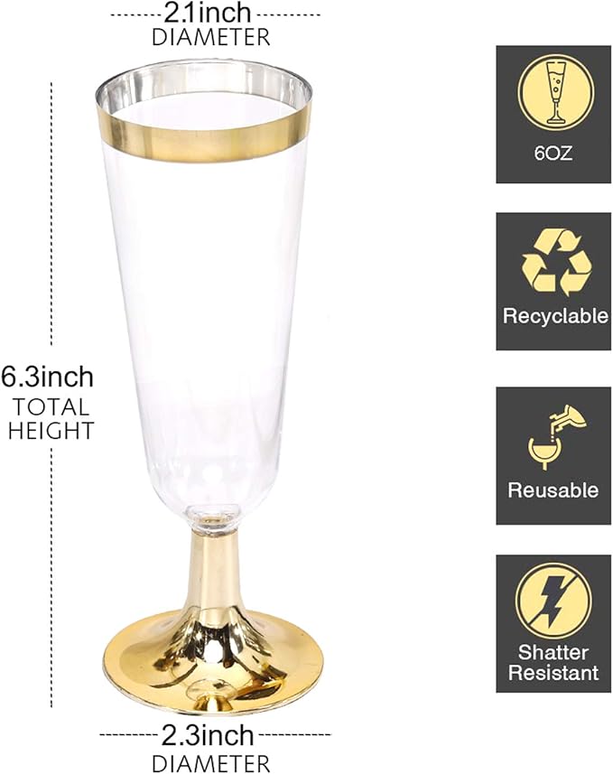 I00000 Gold Champagne Flutes 50 PACK, 5 Oz Disposable Champagne Glasses - Image 2