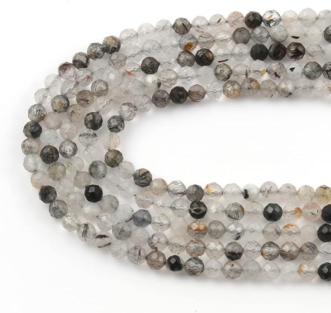 Song Xi 90pcs 4mm Natural Black Rutilated Quartz Gemstone Beads Faceted Round - Image 3