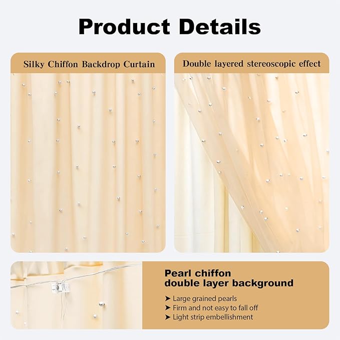 10 * 8FT Beige Pearl Tulle Double Layered Backdrop Curtain - Image 4