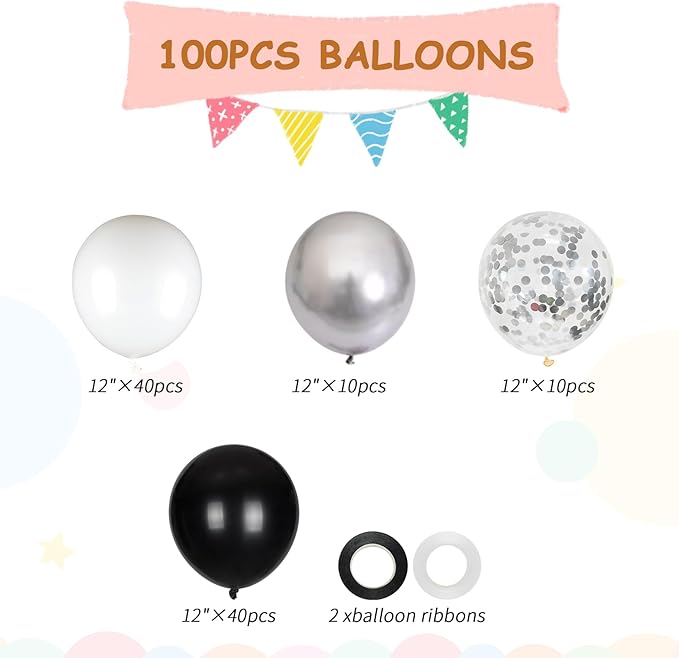 100pcs Black White Silver Balloon Kit - Image 3