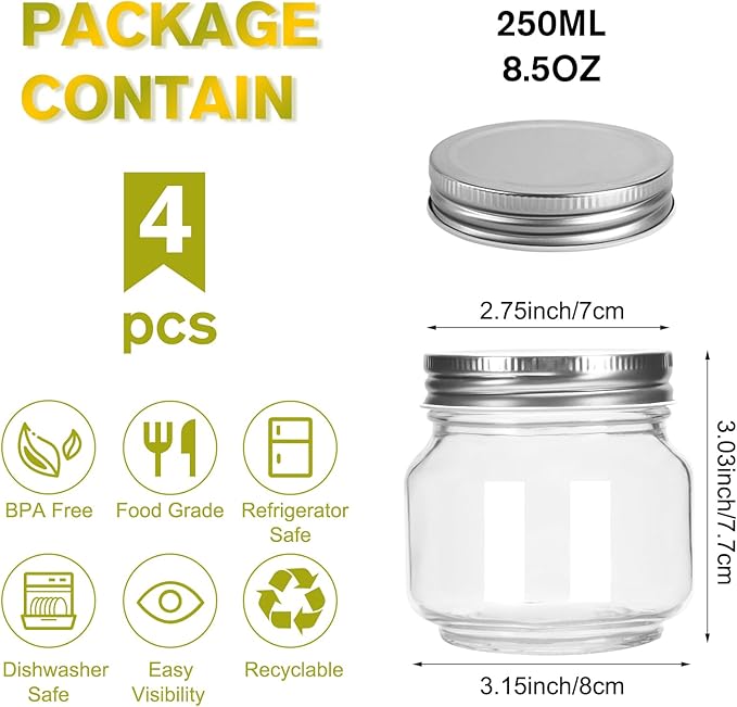 Glass Mason Jars, 4 Pack 8.5oz Clear Glass Regular Mouth Canning Jars - Image 2