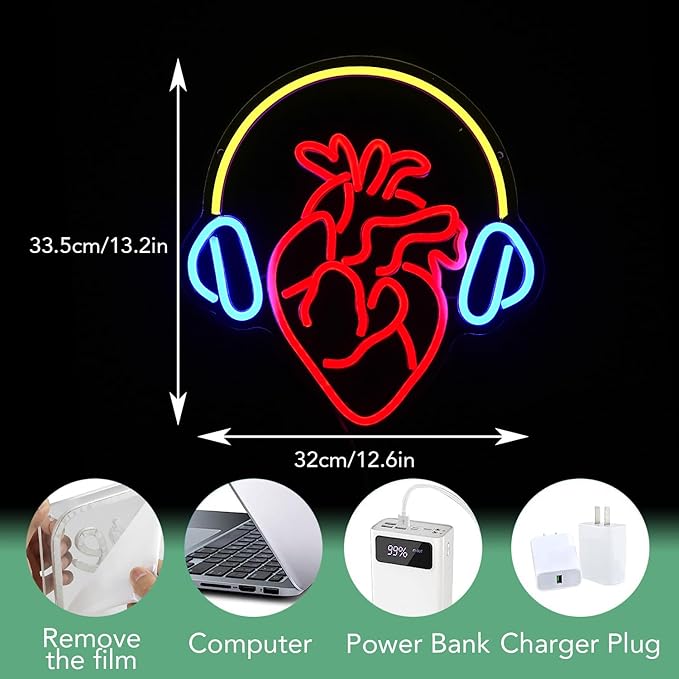 Heart With Headphone Neon Sign USB Power Music Heart Neon Light Dimmable Music - Image 2