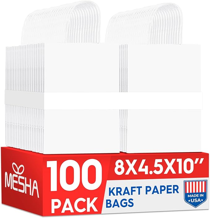 MESHA 100 Pack White Gift Bags 8x4.25x10.5 Inch Kraft Paper Bags by MESHA
