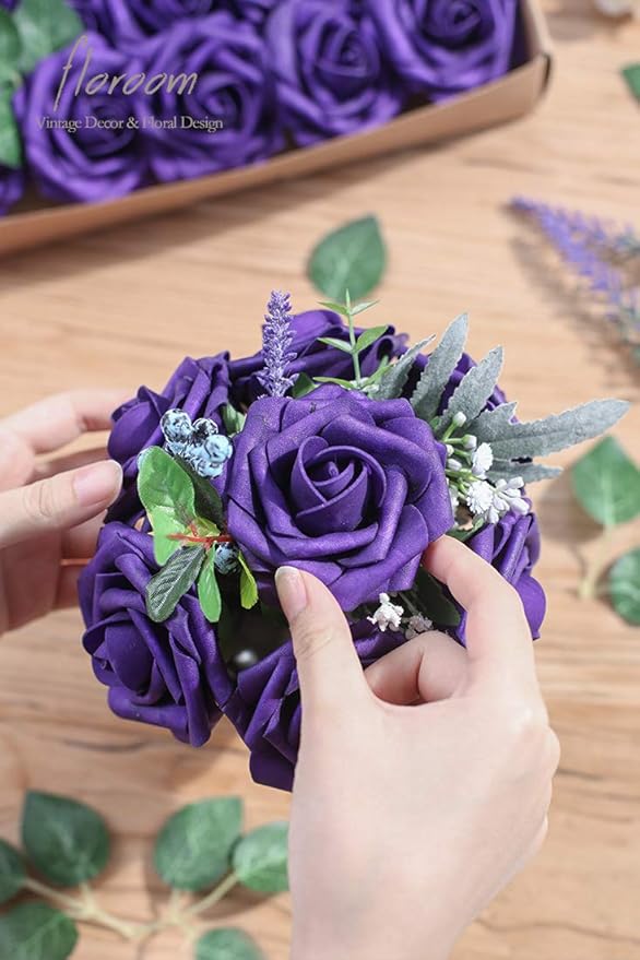 Floroom Artificial Flowers 50pcs Real Looking Dark Purple Foam Fake Roses - Image 2