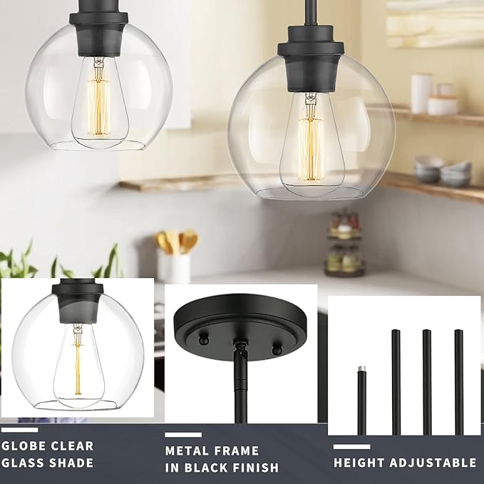 Pendant Light Fixtures, 7 Inch Globe Black Pendant Lights Kitchen Island - Image 2
