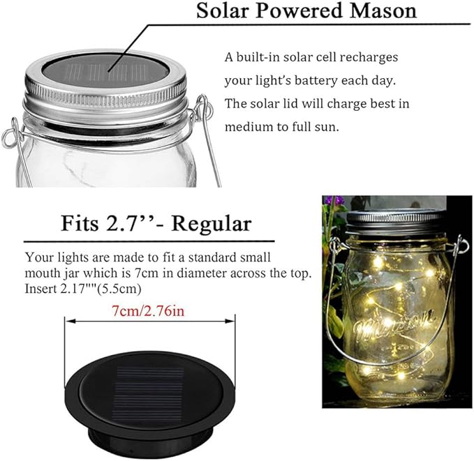6 Pack Mason Jar Lights, 10 LED Solar Colorful Flicker Fairy String Lights Lids - Image 3