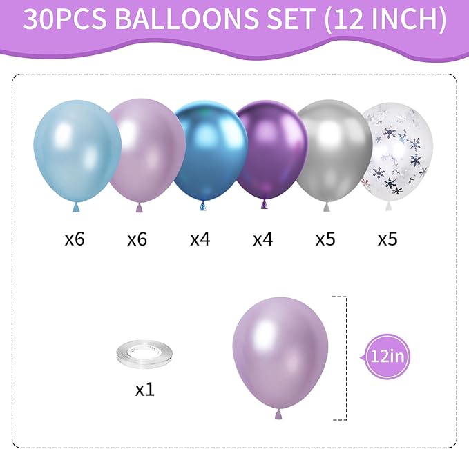 Frozen Balloons, 12 Inch Purple Blue White and Silver Balloons - Image 2