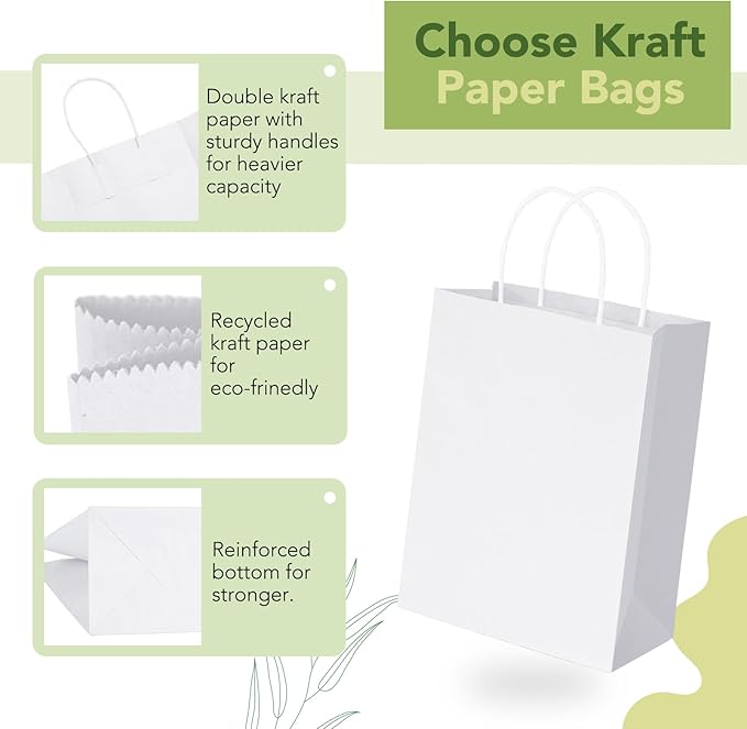 MESHA 100 Pack White Gift Bags 8x4.25x10.5 Inch Kraft Paper Bags - Image 3