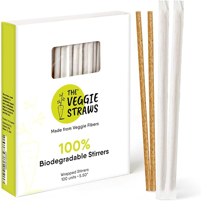100% Biodegradable Individually Wrapped Cocktail Stirrers – 100 PCS of 5.50 by TheVeggieStraws