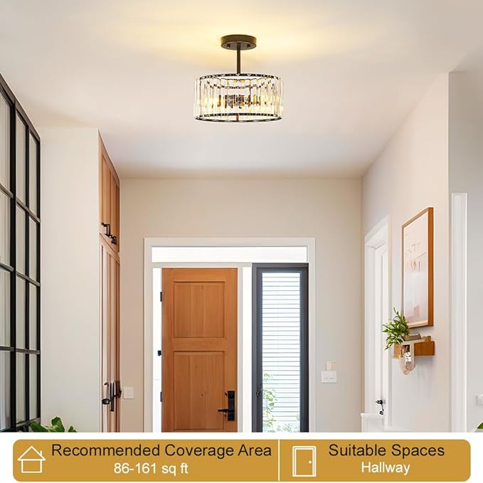 Modern Crystal Ceiling Light, Matte Black Semi Flush Mount Ceiling Lighting - Image 2