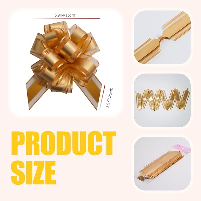 6 PCS 6 Inch Organza Golden Pull Bows - Image 2