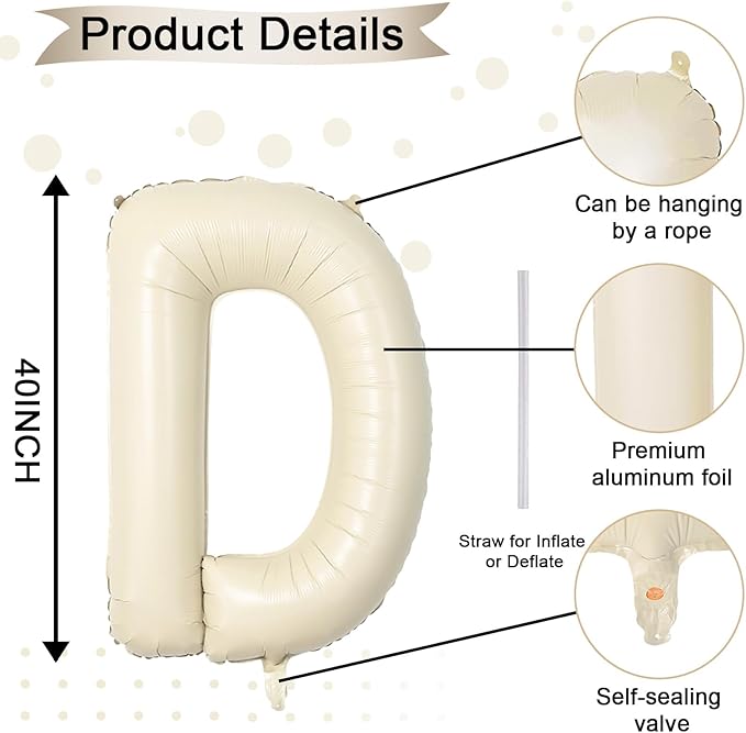 40 Inch Letter Balloons D, Big Custom A-Z Alphabet Foil Name Balloon Cream White - Image 2