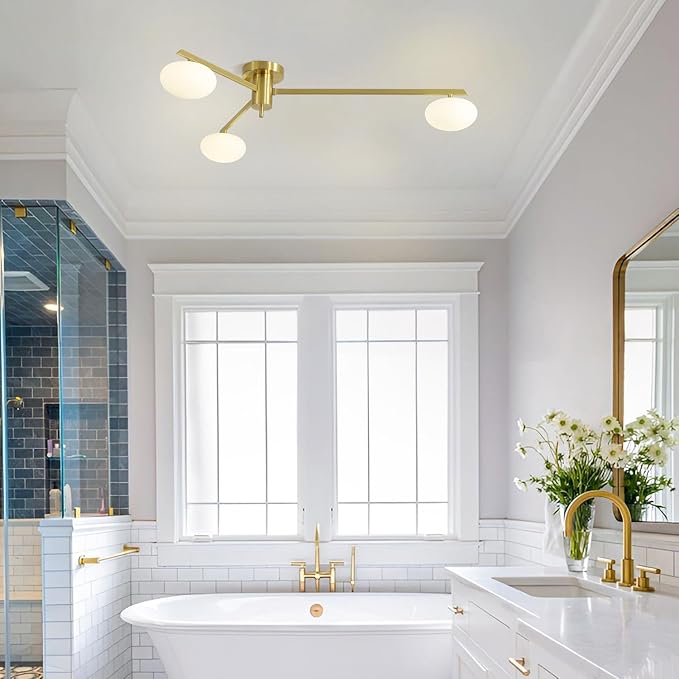 3-Light Gold Semi Flush Mount Ceiling Light, Modern Sputnik Chandelier - Image 9