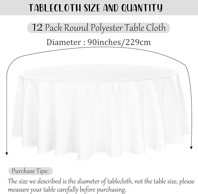 12 Pack White Round Tablecloth 90 Inch Round Table Covers Bulk Washable - Image 2