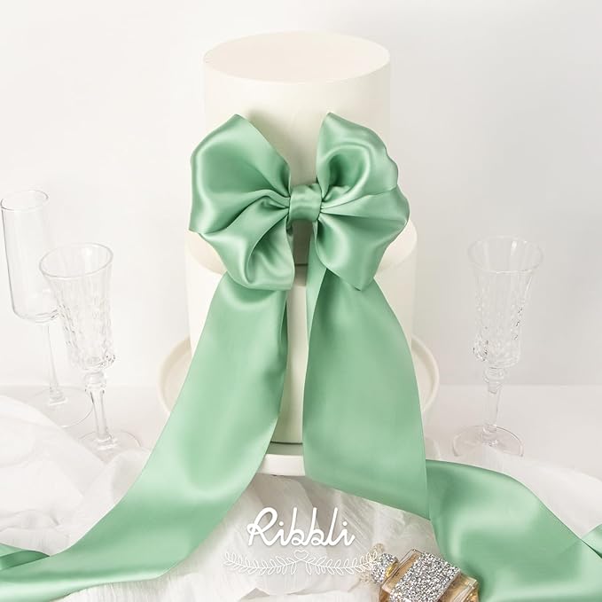 Ribbli Sage Green Satin Ribbon 4 Inch Wide Sage Ribbon - Image 3