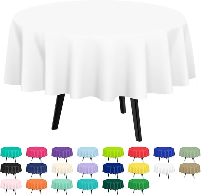 QIKSION White Round Tablecloth 3 Pack, 84 Inch Plastic Table Cover Disposable by QIKSION
