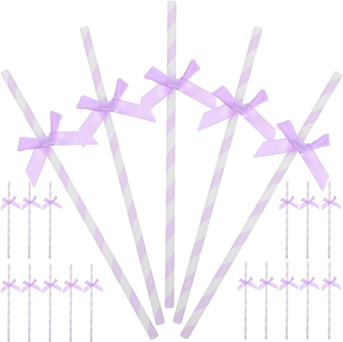 60Pcs Purple Paper Straws with Bow Tie Decorations, Disposable Drinking Straws by Gadpiparty