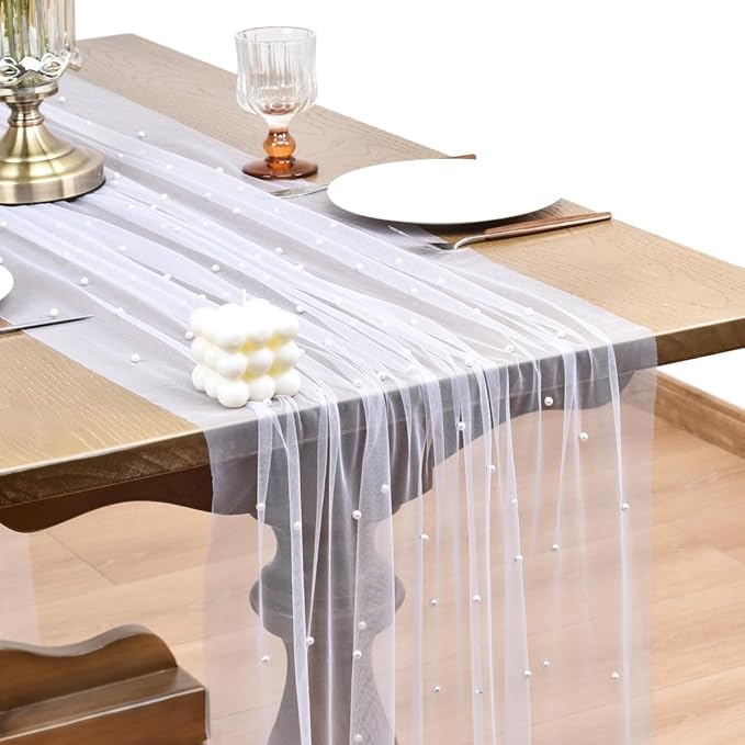 Joanlody Fall Pearl Table Runner 10ft Rustic Boho Tulle Table Runner by Joanlody