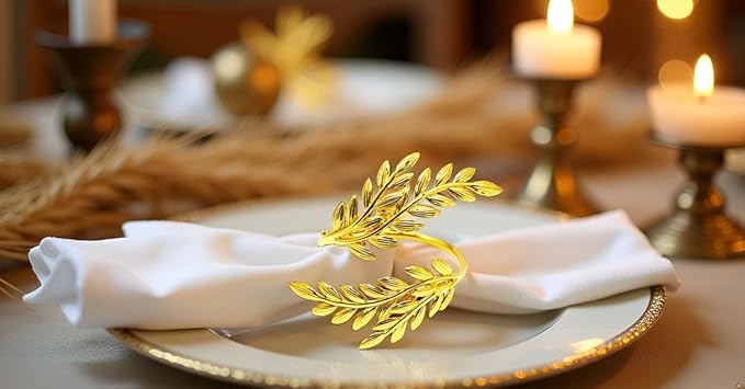 Gold Leaf Napkin Rings Set of 6, Metal Wheat Leaf Napkin Rings - Image 4
