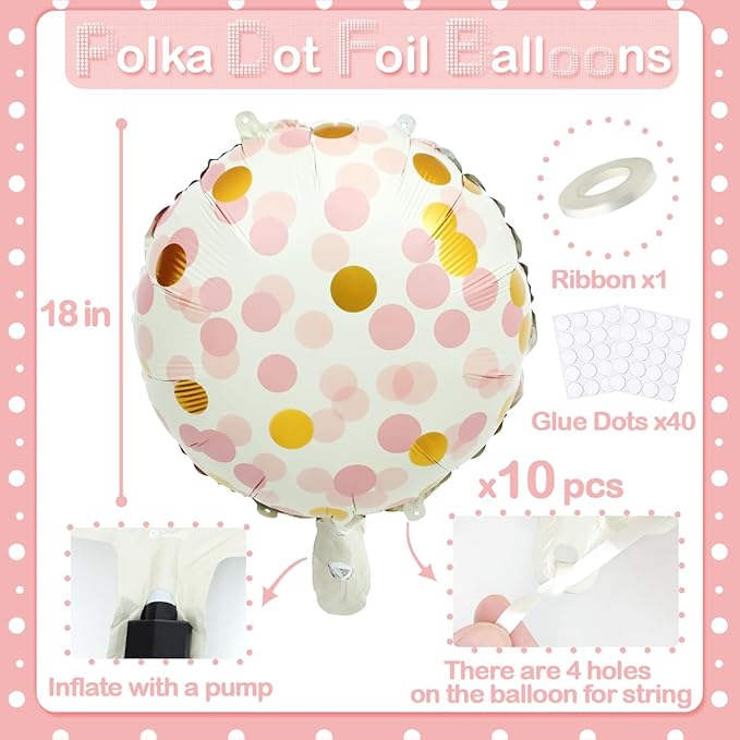 10 Pcs Pink Polka Dot Foil Balloons, Helium-Friendly Foil Balloons - Image 5