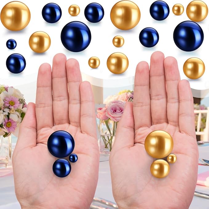 150Pcs Navy Blue&Gold Polished No Hole Faux Pearl Beads - Image 3