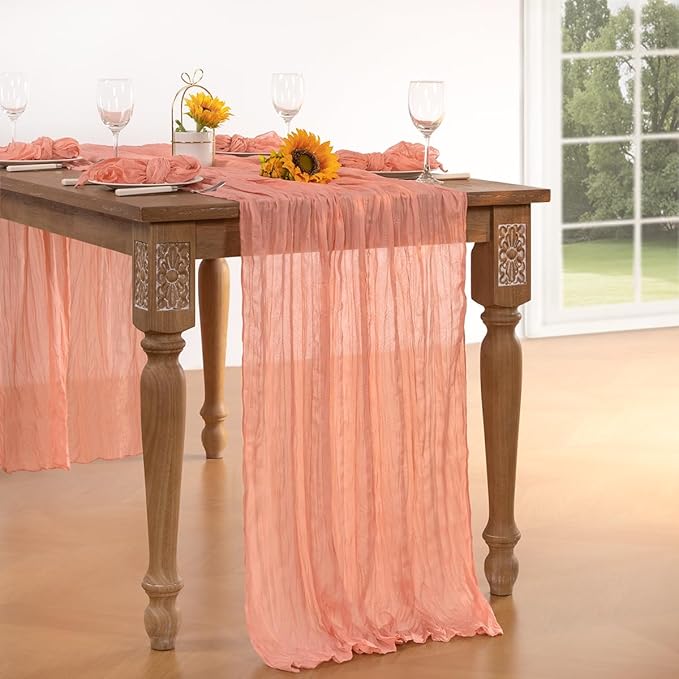 Coral Pink Cheesecloth Table Runner Fall Table Runner Boho Gauze 120 Inches - Image 2