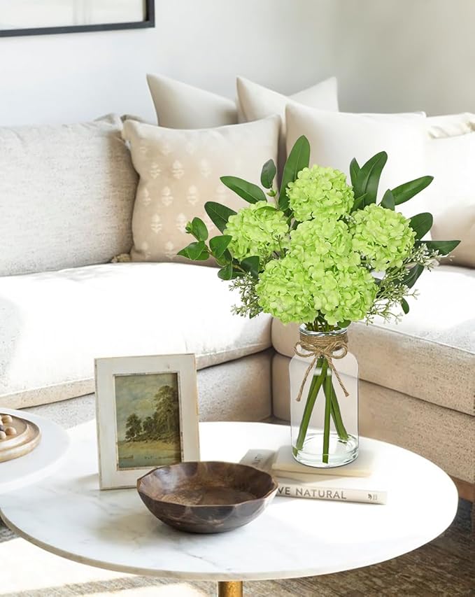 Hollyone Green Hydrangea Artificial Flowers in Clear Glass Vase - Image 7