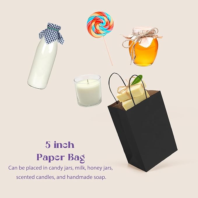 MESHA Gift Paper Bags 500 PACK 5.25x3.75x8'' Black Medium Shopping Kraft Bags - Image 6
