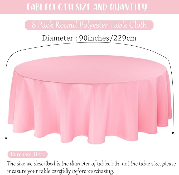 8 Pack Premium Round Tablecloth 90 Inch Pink Round Table Covers Bulk Washable - Image 2