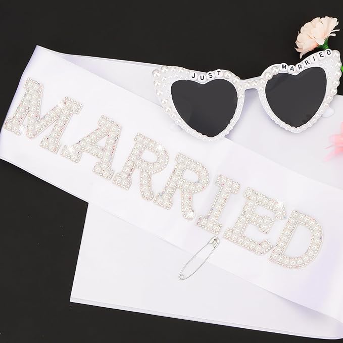 White Bride Sash & Heart Sunglasses Set Bachelorette Party Decorations Bridal - Image 5