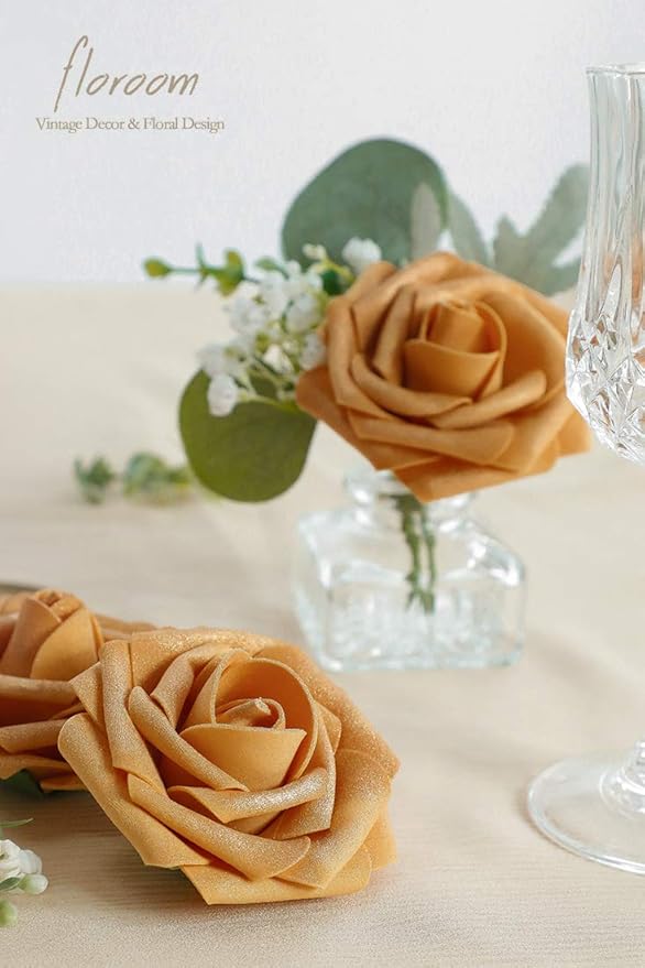 Floroom Artificial Flowers 25pcs Real Looking Gold Foam Fake Roses - Image 4