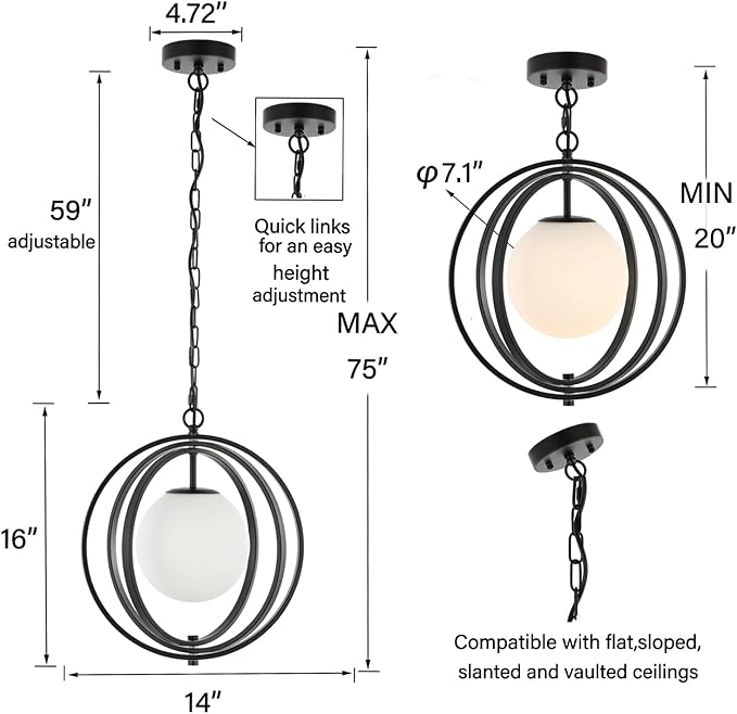 Black Orb Chandelier 1 Light Globe Pendant Light Fixtures White Globe Glass - Image 4
