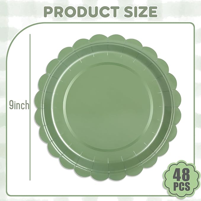 48 Pcs Sage Green Paper Plates 9 Inch Scalloped Dessert Plates - Image 3